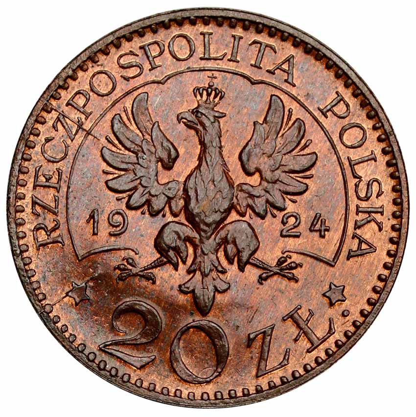 II RP 20 złotych 1924, Monogramy, brąz z kolekcji Włodzimierza Głuchowskiego